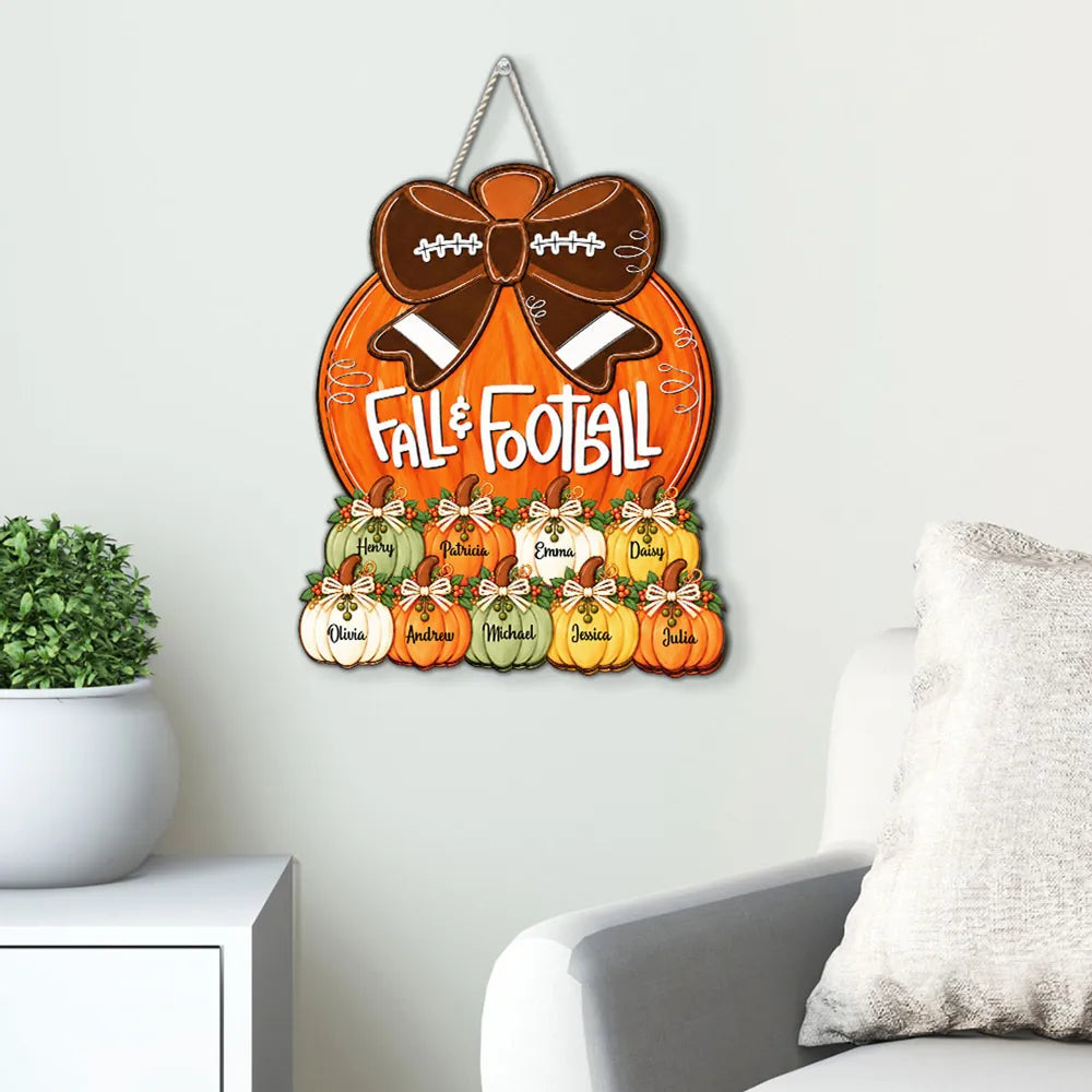 Personalized Fall Wooden Sign with Pumpkins & Football Bow Gift for Family