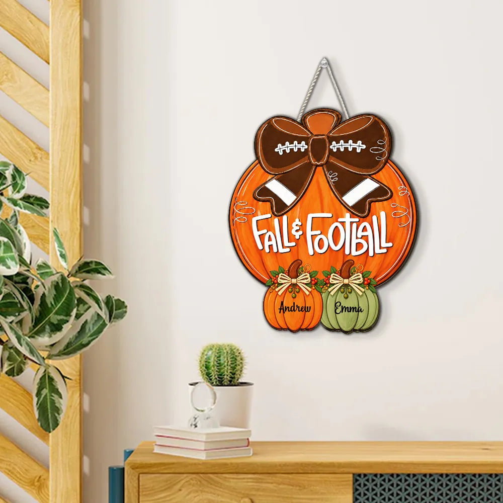 Personalized Fall Wooden Sign with Pumpkins & Football Bow Gift for Family