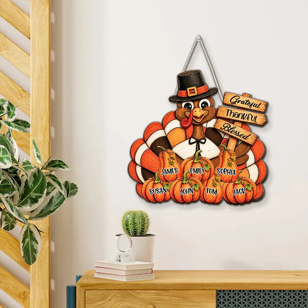 Personalized Wooden Sign with Pilgrim Turkey for Family Fall Decor