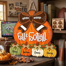 Load image into Gallery viewer, Personalized Fall Wooden Sign with Pumpkins &amp; Football Bow Gift for Family
