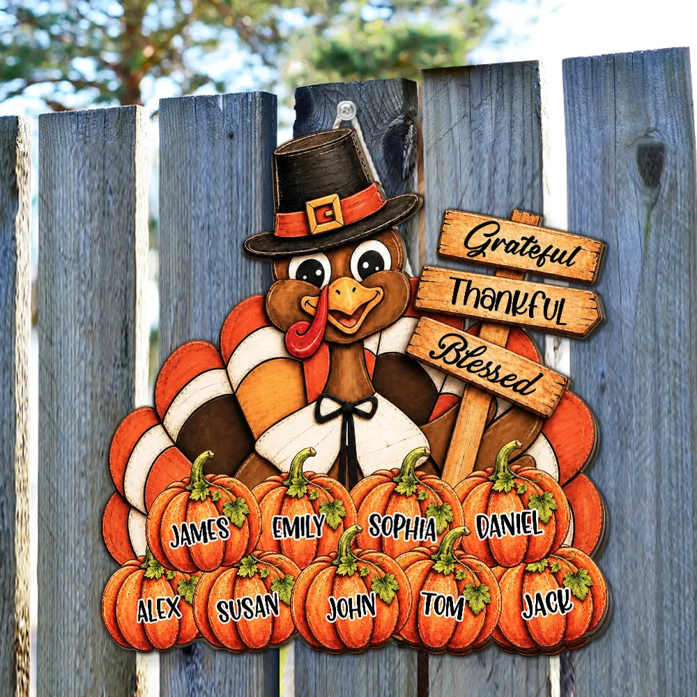 Personalized Wooden Sign with Pilgrim Turkey for Family Fall Decor