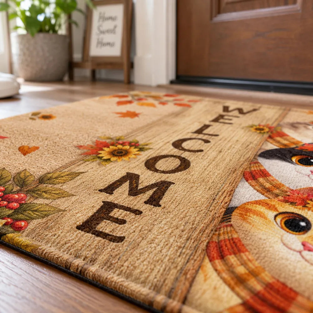 Personalized Fall Cat Doormat Custom Pet Owner Gift Cozy Autumn