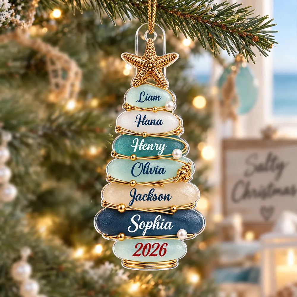 Personalized Coastal Acrylic Ornament with Christmas Tree & Starfish Family Gift