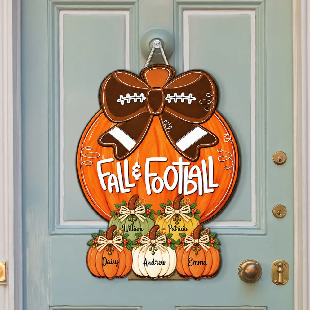 Personalized Fall Wooden Sign with Pumpkins & Football Bow Gift for Family