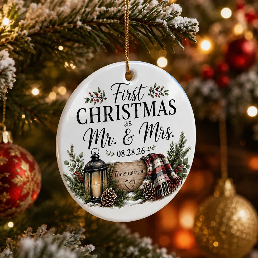 Personalized Ceramic Ornament First Christmas as Mr & Mrs Couple Gift