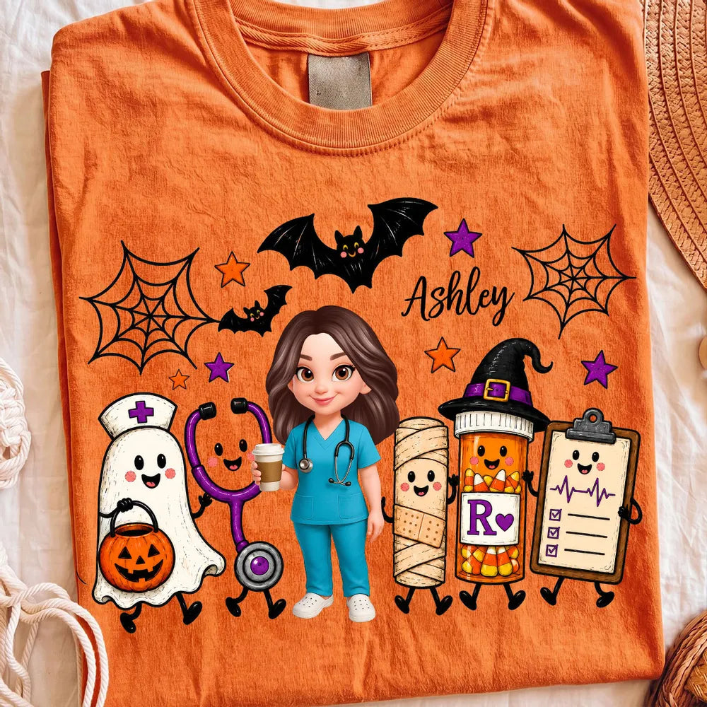 Personalized Halloween Tee Nurse Holding Coffee Gift for Nurse