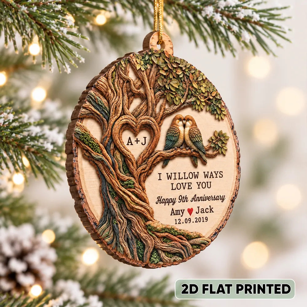 Personalized Wooden Ornament with Willow Tree & Birds, Unique Anniversary Gift for Couples