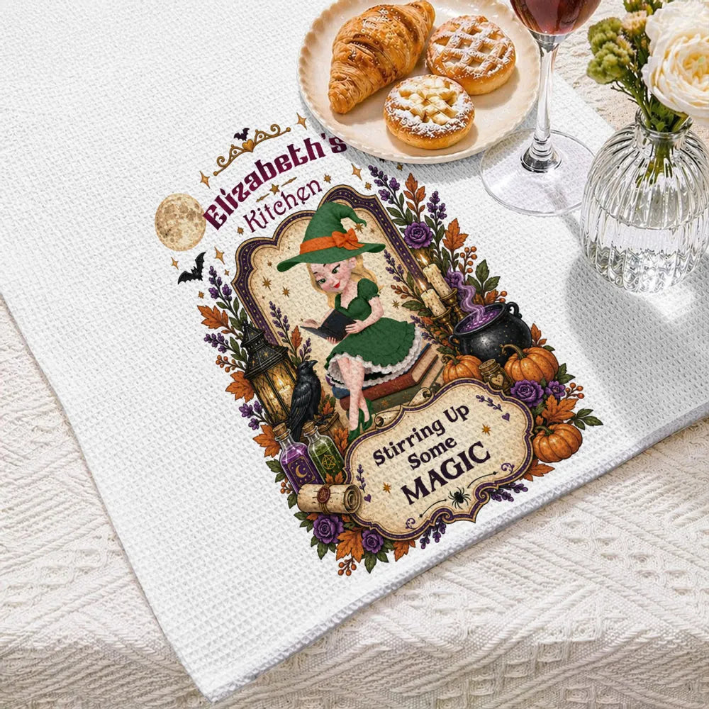 Personalized Halloween Kitchen Towel Custom Witch Art Gift