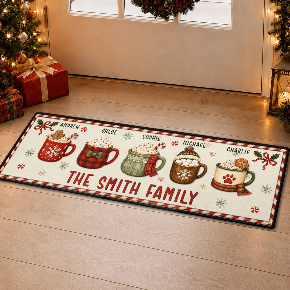 Personalized Family Doormat with Red and Green Mugs Gift for Christmas