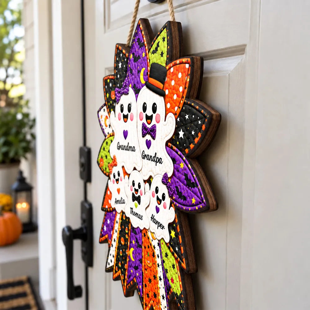 Personalized Wooden Halloween Sign with Cheerful Ghosts Gift for Grandparents