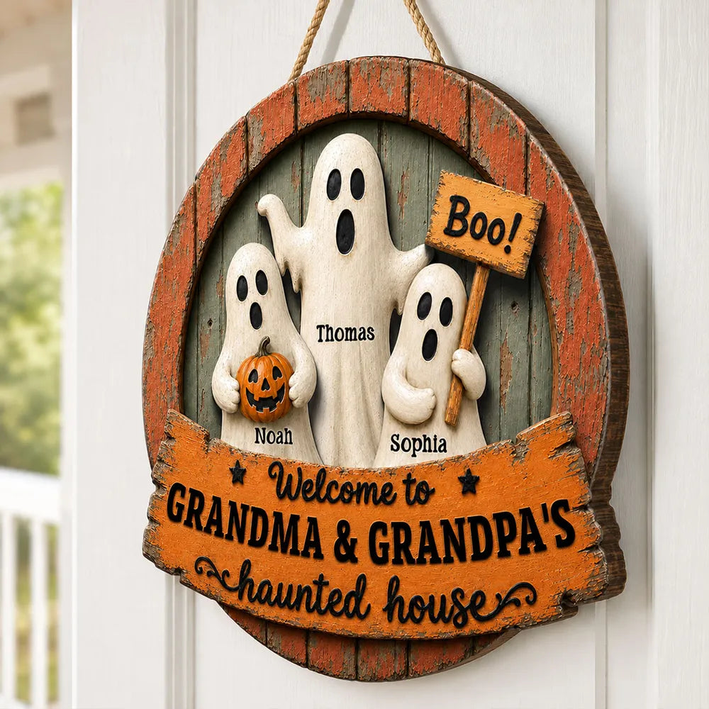 Personalized Wooden Halloween Sign with Ghosts & Pumpkin Gift for Grandma and Grandpa