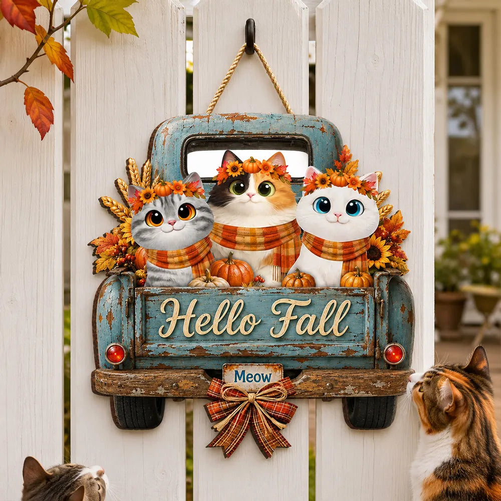 Personalized Wooden Cat Sign with Teal Truck | Rustic Fall Decor Gift