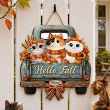 Load image into Gallery viewer, Personalized Wooden Cat Sign with Teal Truck | Rustic Fall Decor Gift
