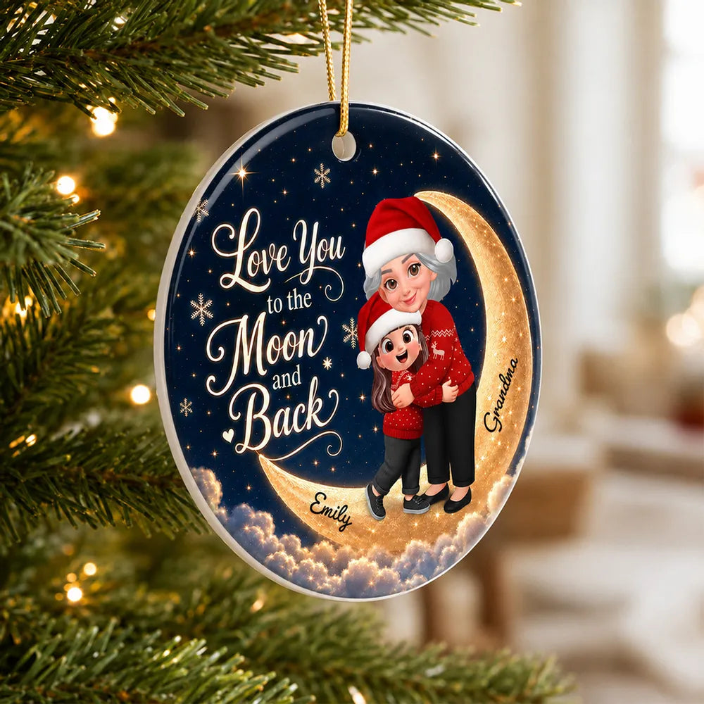Personalized Ceramic Christmas Ornament for Grandma & Granddaughter - Navy Gold Moon Gift