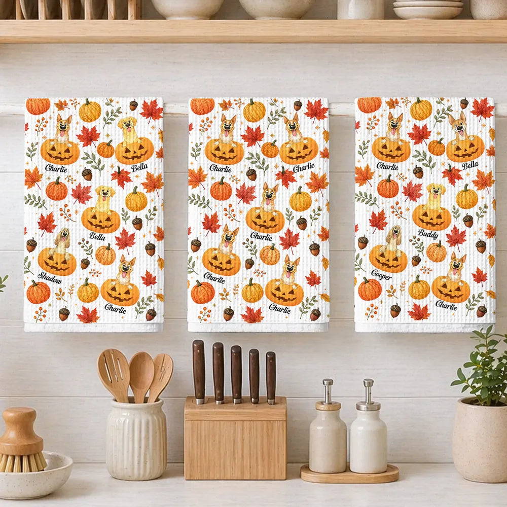 Personalized Dog Peeking from Pumpkin Kitchen Towel Gift for Pet Owners