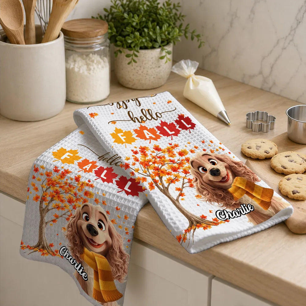 Personalized Fall Kitchen Towel Smiling Dog Gift for Dog Lovers