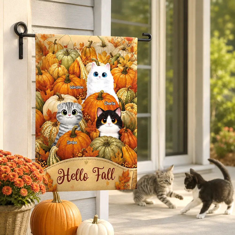 Personalized Fall Garden Flag with Cats in Pumpkin Patch Gift for Cat Lovers