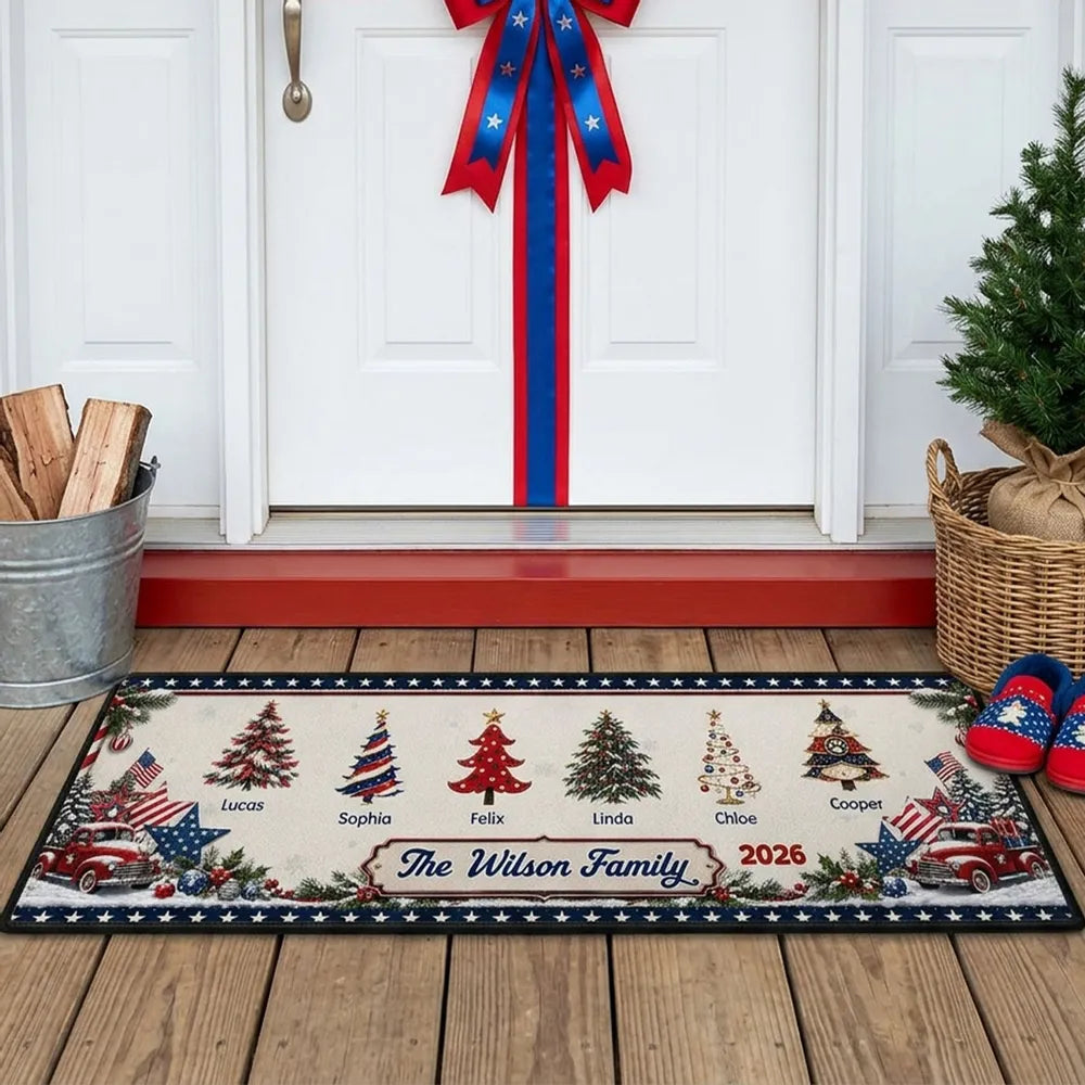 Personalized Christmas Doormat Vintage Trucks Trees Family Gift
