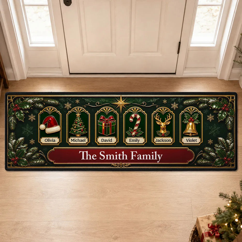 Personalized Christmas Doormat with Tree & Reindeer Icons | Unique Family Gift