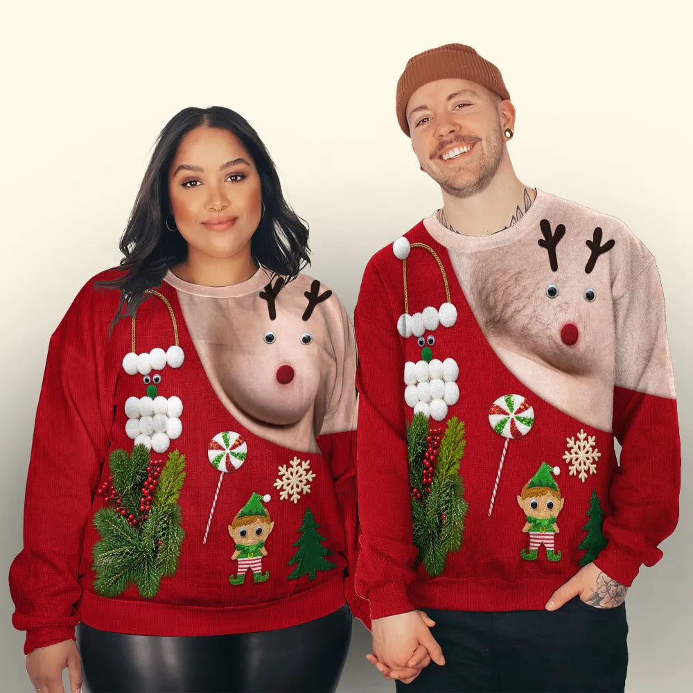 Personalized Funny Reindeer Illusion Sweatshirt for Couples Christmas Gift