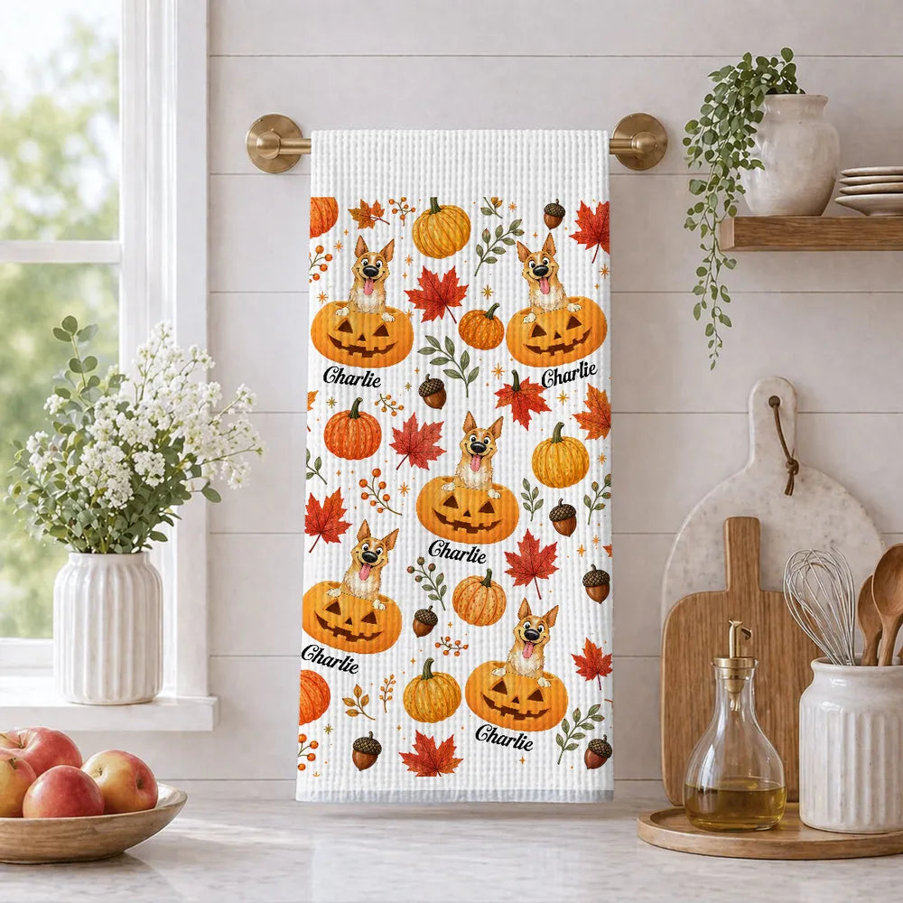 Personalized Dog Peeking from Pumpkin Kitchen Towel Gift for Pet Owners
