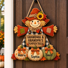 Load image into Gallery viewer, Personalized Wooden Sign with Scarecrow &amp; Pumpkins Gift for Grandparents
