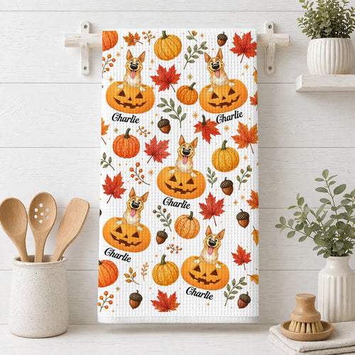 Personalized Kitchen Towel Cute Dog & Pumpkins Gift for Pet Owners