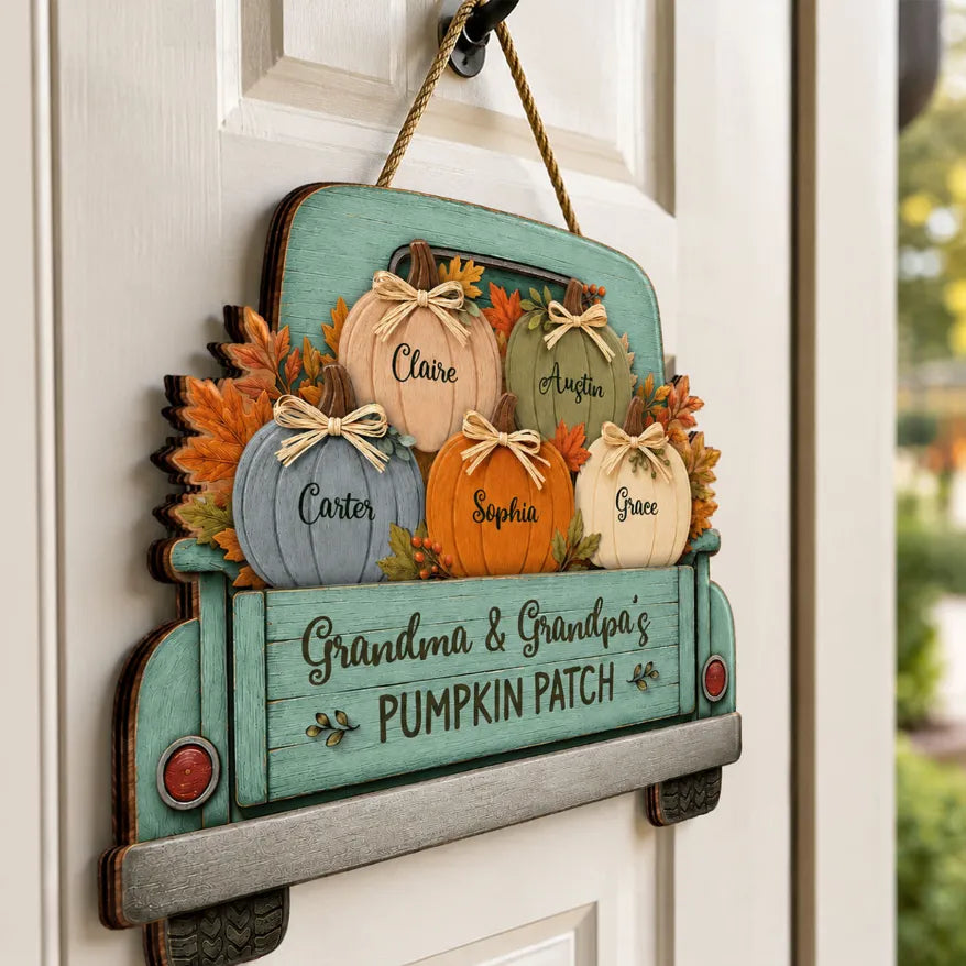 Personalized Wooden Pumpkin Truck Sign Gift for Grandparents