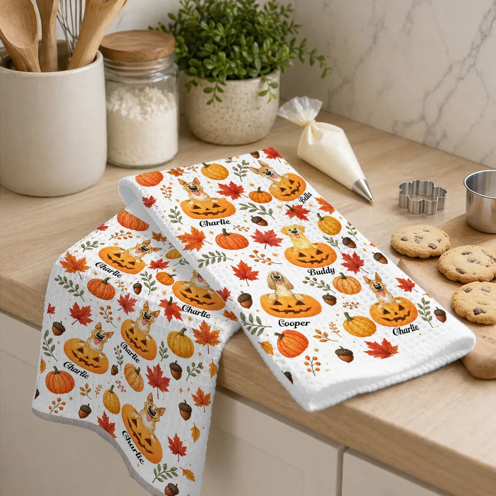 Personalized Dog Peeking from Pumpkin Kitchen Towel Gift for Pet Owners