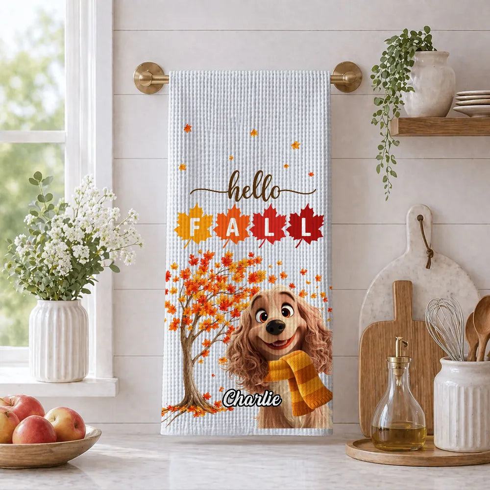 Personalized Fall Kitchen Towel Smiling Dog Gift for Dog Lovers