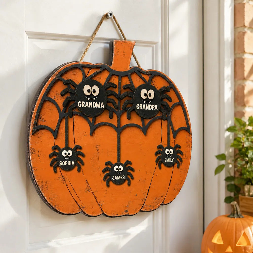 Personalized Wooden Halloween Sign for Grandma with Spiders