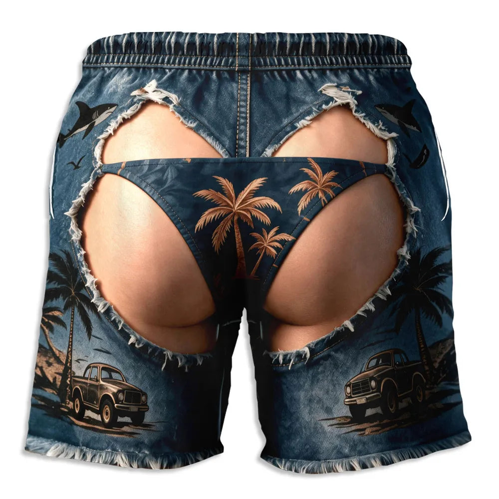 Personalized Beach Shorts Tropical Shark Print Gift for Him