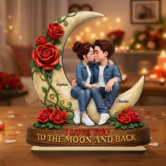 Personalized Romantic Couple Figurine with Moon and Roses - Perfect for Anniversaries Plaque MagicInPrints