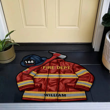 Load image into Gallery viewer, “Welcome Home, Firefighter!” - Personalized Fire Dept Doormat - Custom Gift for Firefighters, New Homeowners, and Public Service Heroes Doormat MagicInPrints
