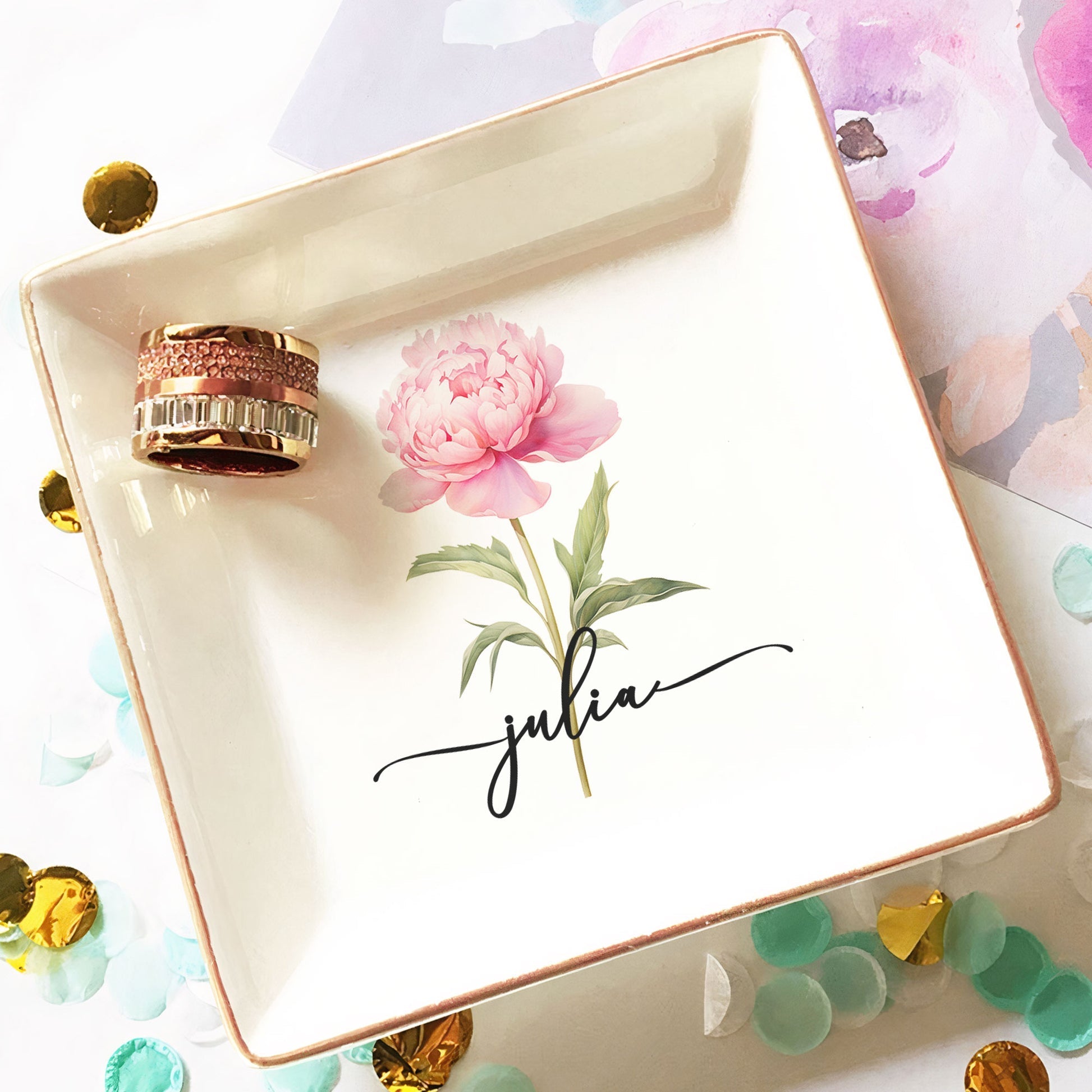 Personalized Ceramic Jewelry Dish for Women with Floral Design - Perfect for Gifts Jewelry MagicInPrints
