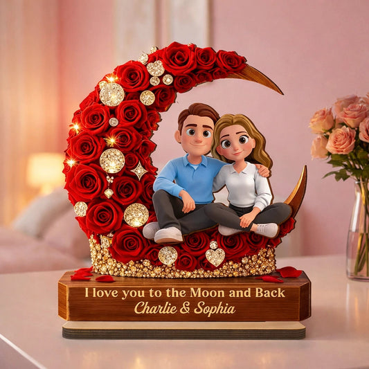 Personalized Romantic Couple Figurine with Red Rose Moon - Anniversary Gift Plaque MagicInPrints