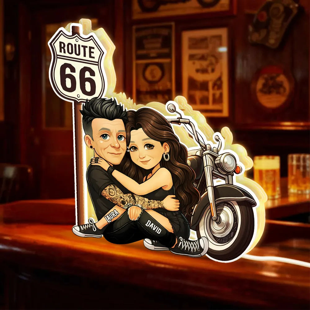 Customized Couple Cartoon Art for Bikers - Route 66 Adventure Gift Plaque MagicInPrints