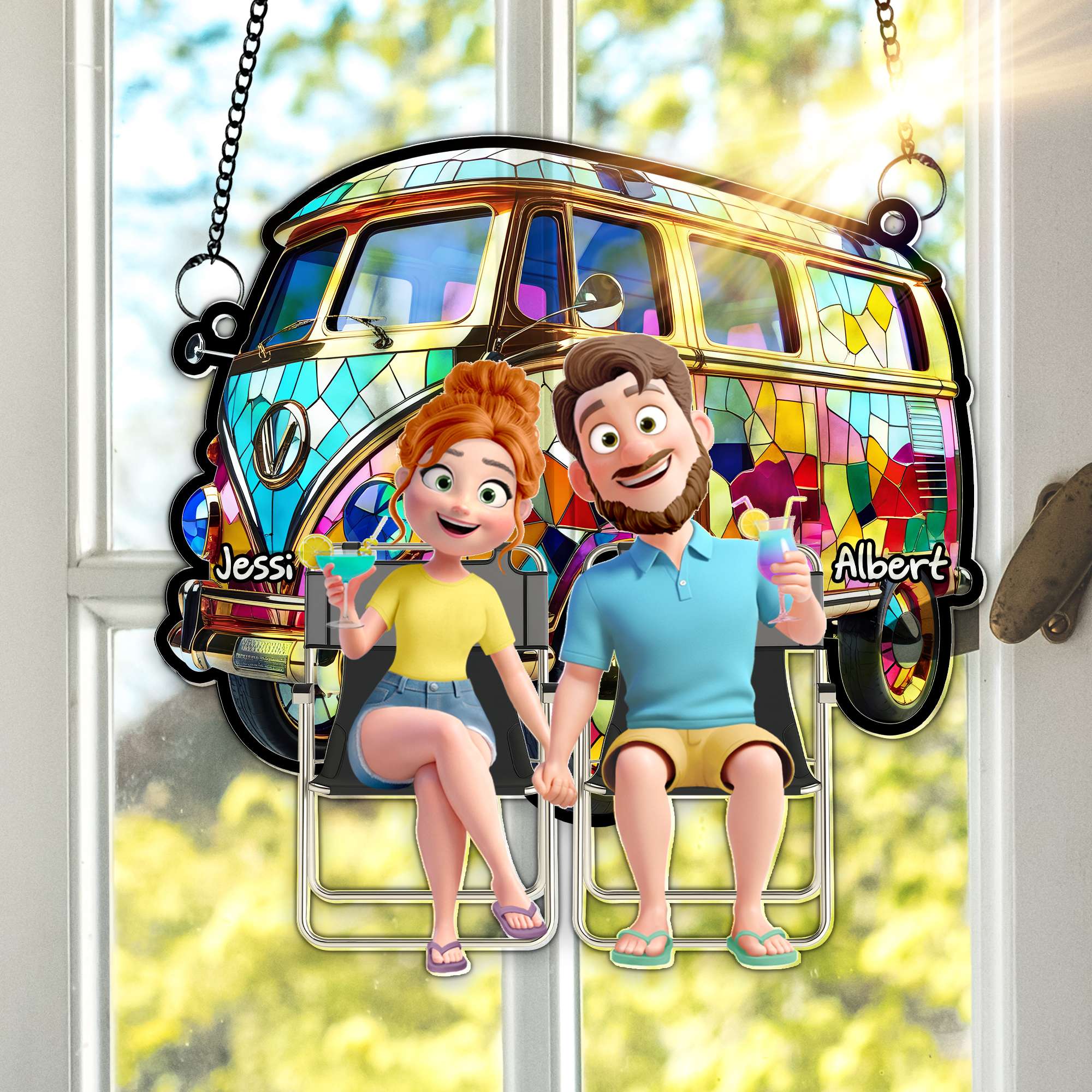 Love on the Road: Couple With Colorful Motorized RV Suncatcher - Personalized Gift for Couples Ornament MagicInPrints