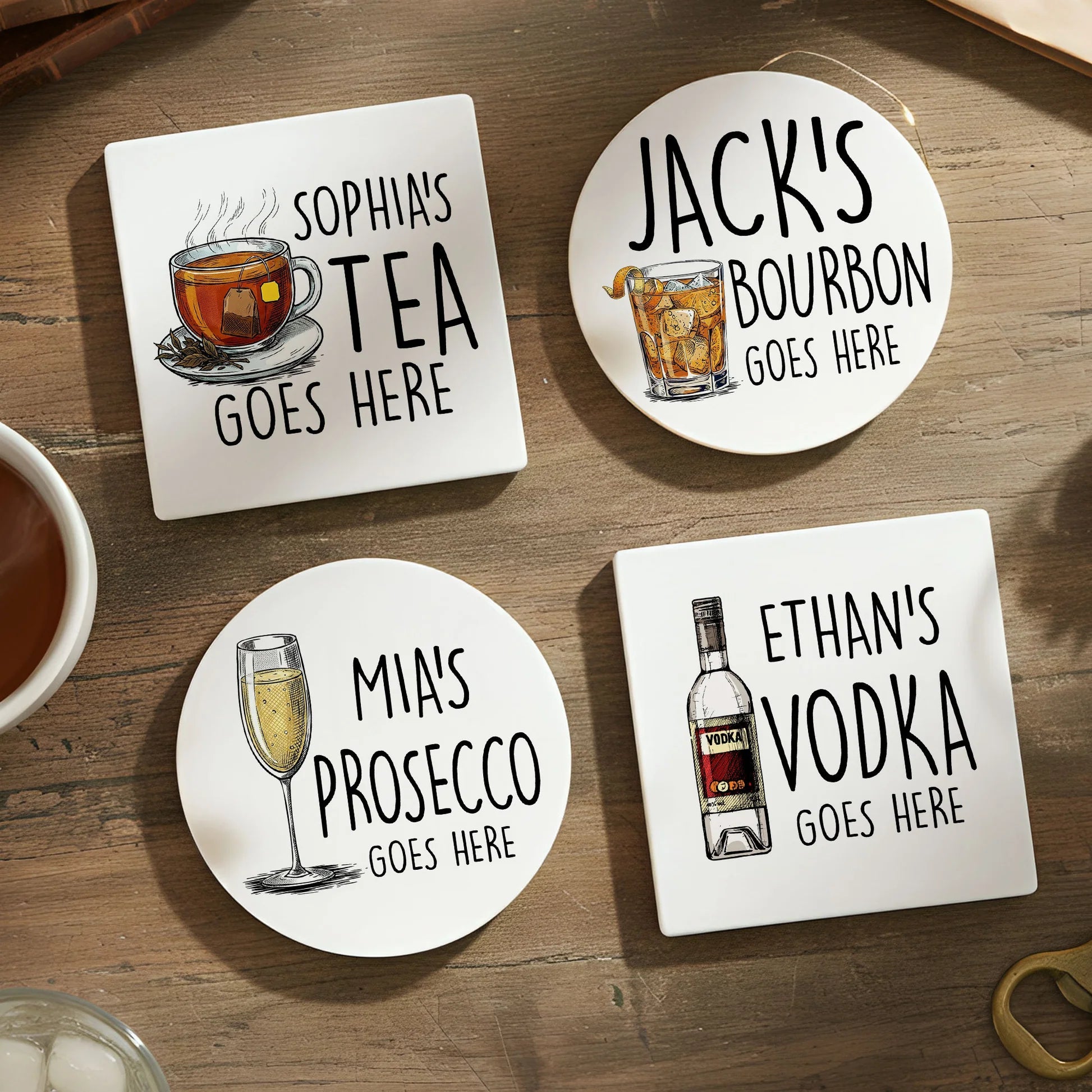 Personalized Drink Coasters Set for Tea, Bourbon, Prosecco, Vodka Lovers - Custom Gift Kitchen Supplies MagicInPrints