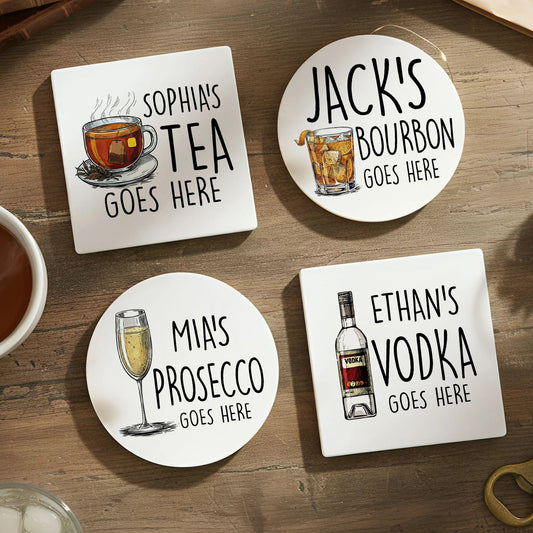 Personalized Drink Coasters Set for Tea, Bourbon, Prosecco, Vodka Lovers - Custom Gift Kitchen Supplies MagicInPrints