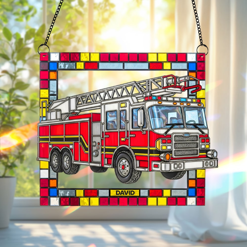 Firetruck Window Hanging Suncatcher Ornament Personalized Gifts For Firefighters Ornament MagicInPrints