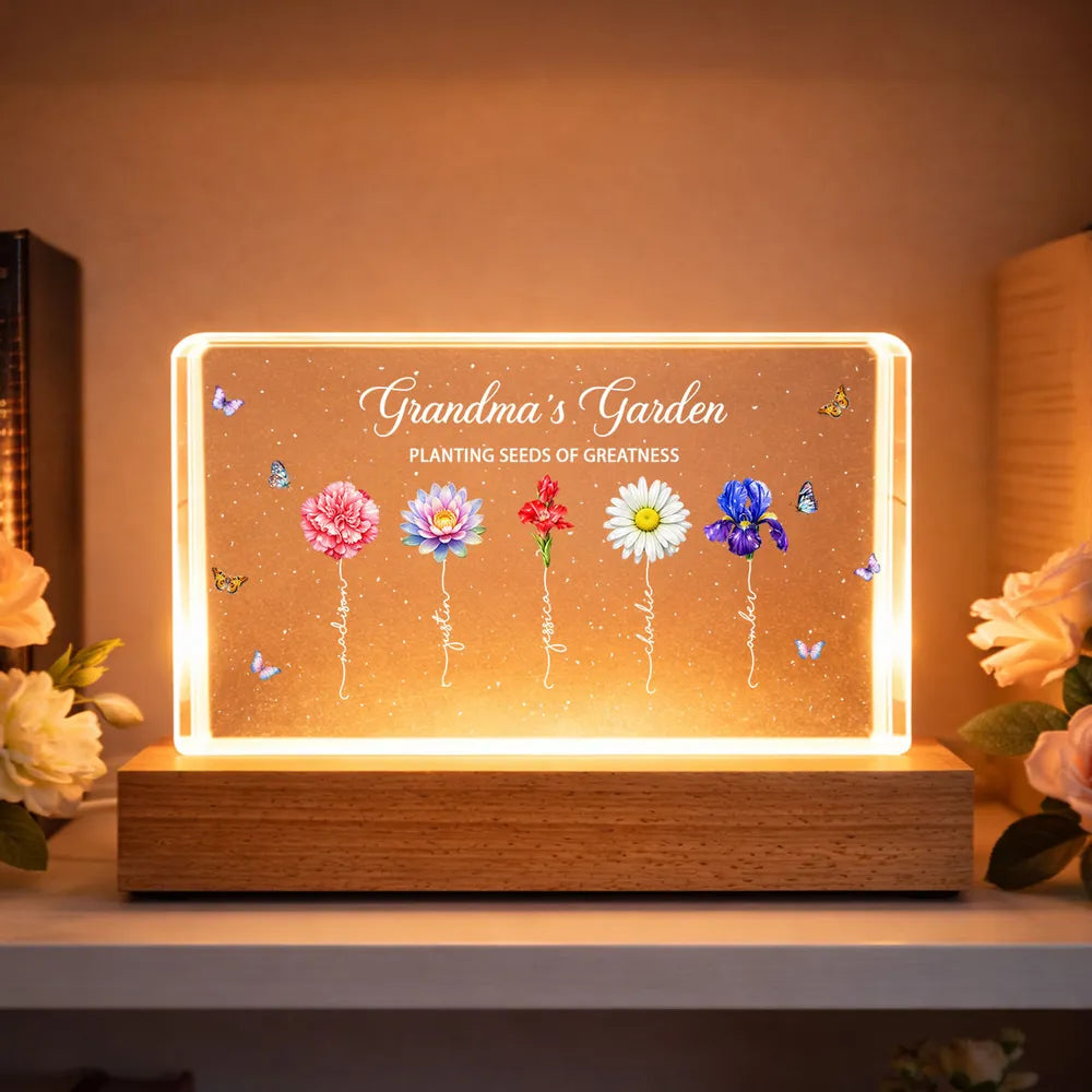 Personalized LED Acrylic Night Light for Grandma - Floral Garden Design Plaque MagicInPrints