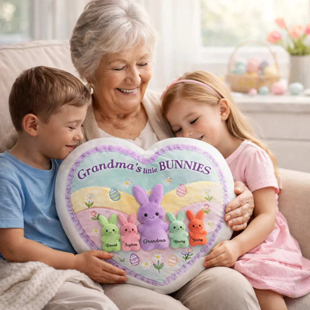 Personalized Heart-Shaped Pillow for Grandma with Bunny Design - Easter Gift Pillow MagicInPrints