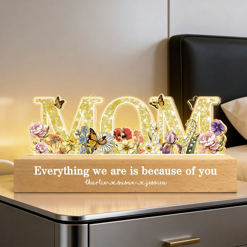 Personalized LED Wooden Night Light for Mom with Floral Design - Mother's Day Gift Plaque MagicInPrints