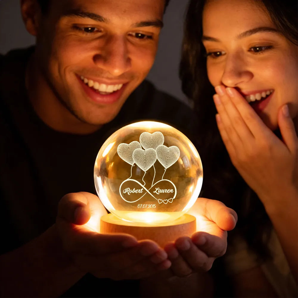 Personalized LED Crystal Ball Lamp for Couples with Heart Design - Anniversary Gift Lamp MagicInPrints