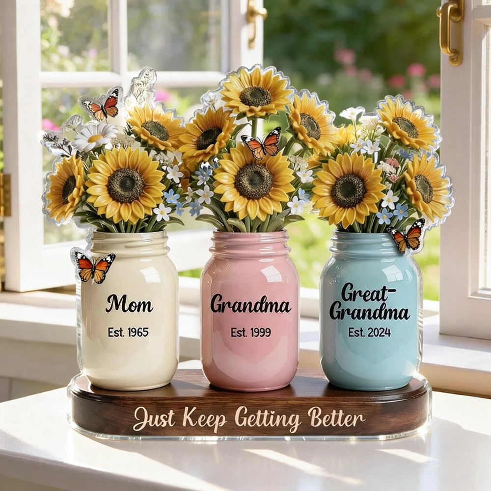 Personalized Floral Mason Jar Set for Mom, Grandma, Great-Grandma - Sentimental Gift Plaque MagicInPrints