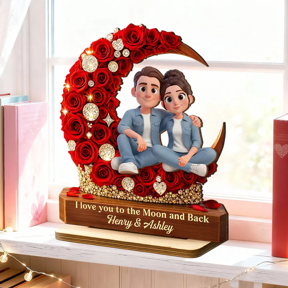 Personalized Romantic Couple Figurine with Red Rose Moon - Anniversary Gift Plaque MagicInPrints