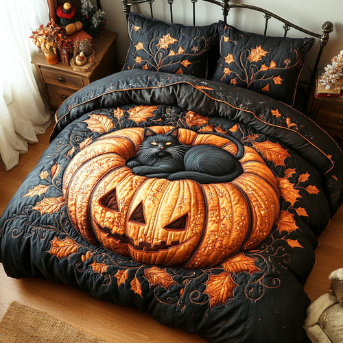 Cuddle Up with the Spooky Purrfection – Personalized 3-Piece Quilted Bedding Set – Gift for Cat Lovers Quilted Bedding Set V2 MagicInPrints