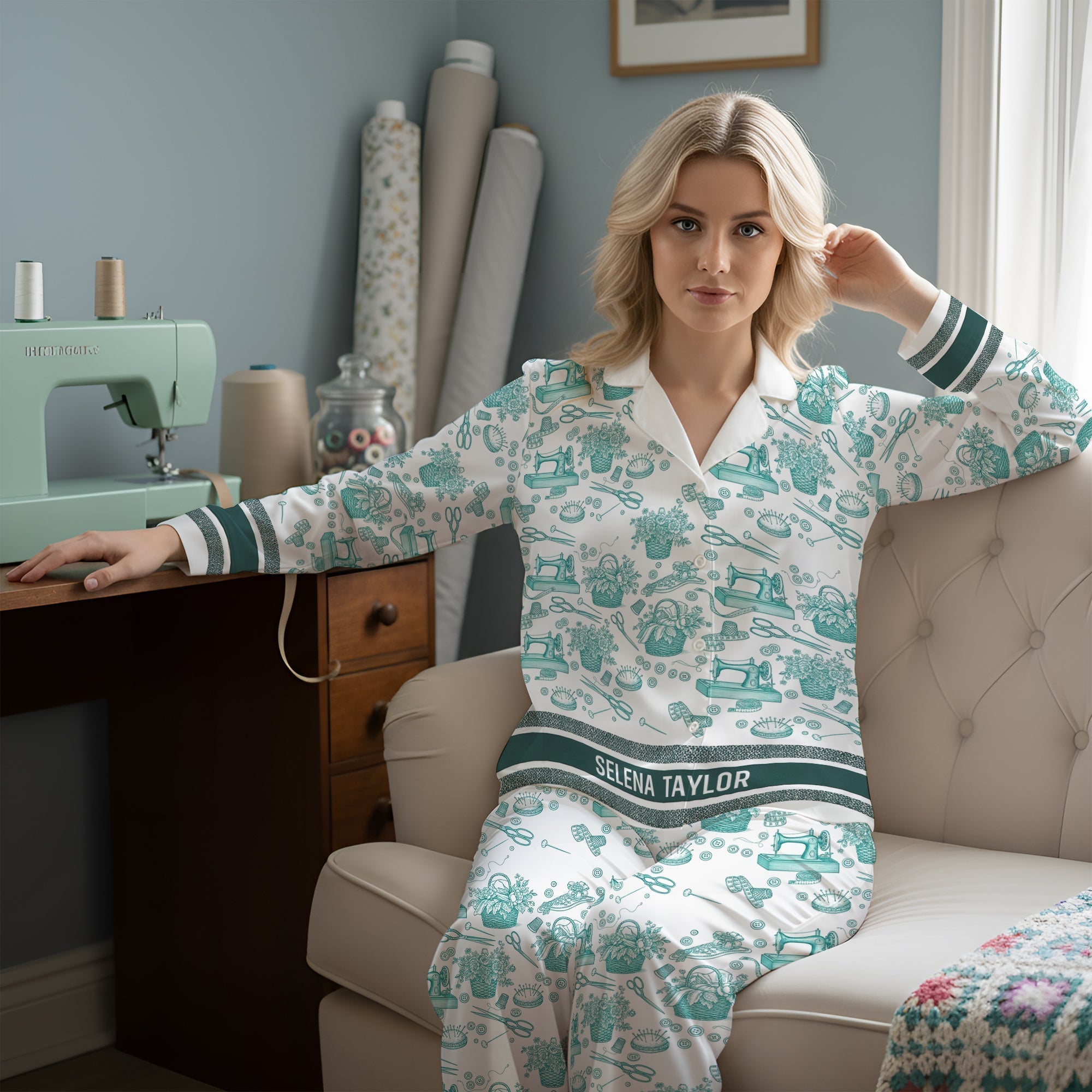 Sewing Toile de Jouy Button Up Pajama Set - Personalized Gift for Sewing Lovers Pajama Set MagicInPrints