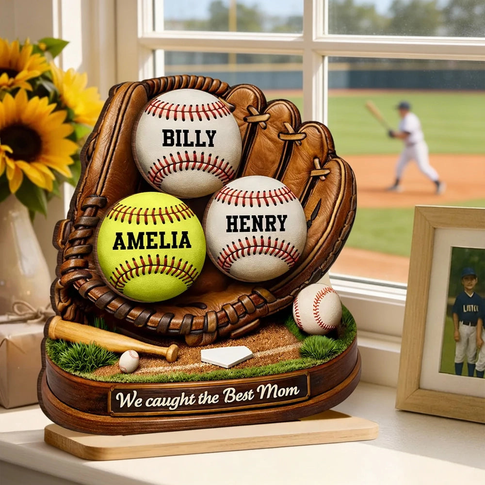 Personalized Baseball Display for Mom - Custom Names Glove Keepsake Plaque MagicInPrints